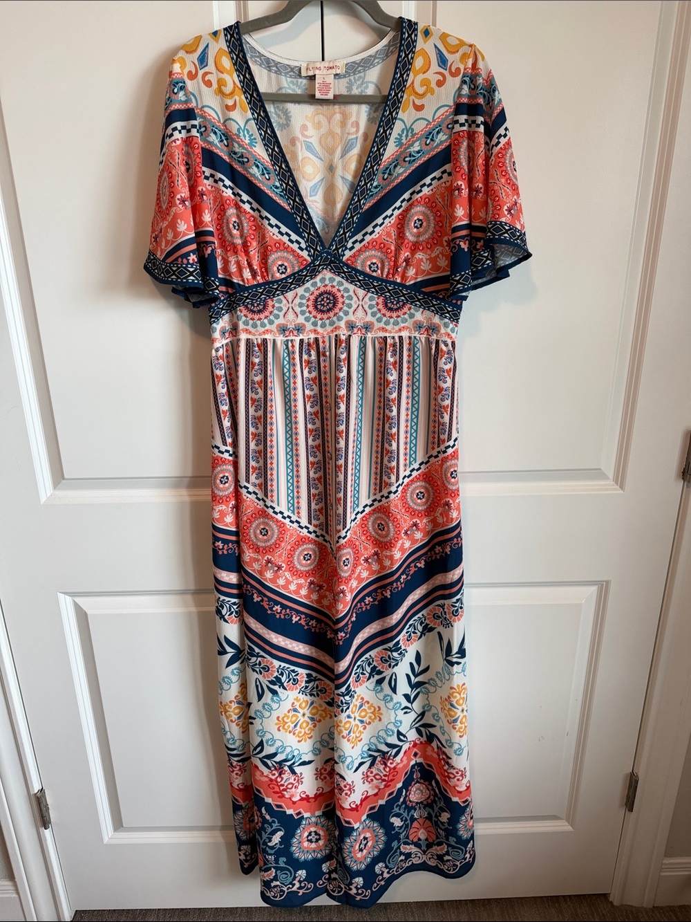 Bohemian V-Neck Maxi Dress in Coral and Navy